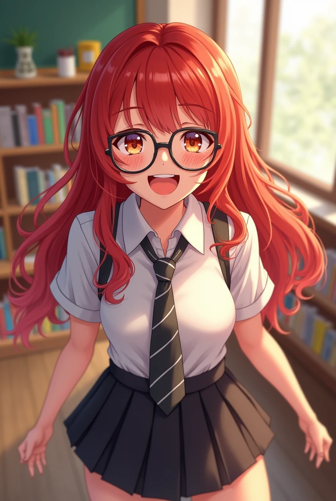 Red haired girl studying in school uniform,freckles and laughing,with glasses