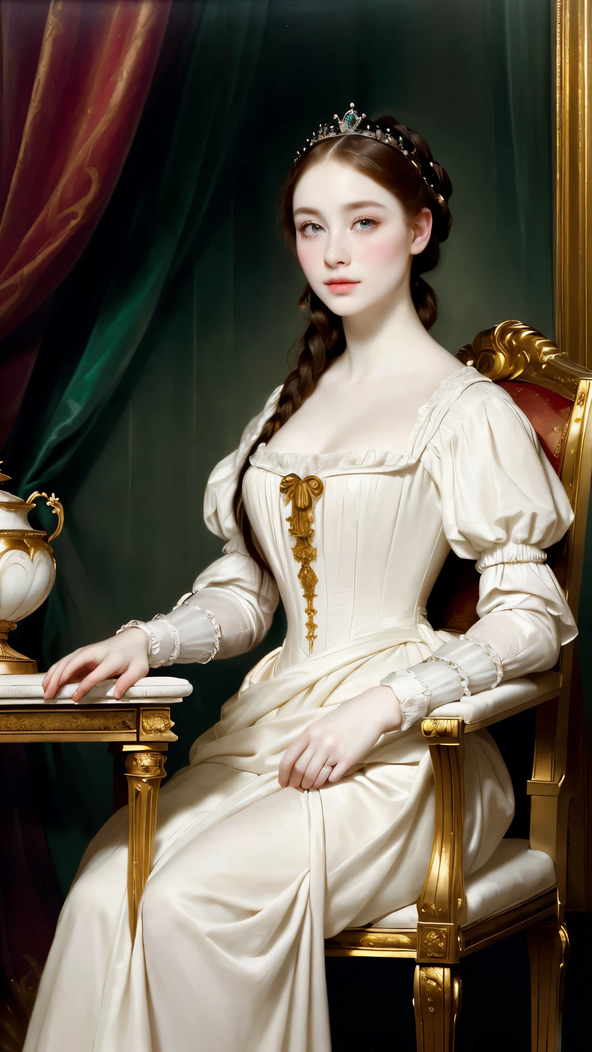 arafed woman in a white dress sitting on a chair, elegant lady with alabaster skin, realistic renaissance portrait, portrait of princess, pale porcelain white skin, rococo queen, inspired by Franz Xaver Winterhalter, renaissance digital painting, porcelain pale skin, renaissance portrait, gorgeous woman, in a high renaissance style, baroque digital painting, inspired by Francesco Hayez