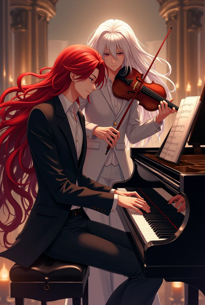 Anime gay Long-haired red-haired man and long-haired white-haired man, Pianist and violinist 