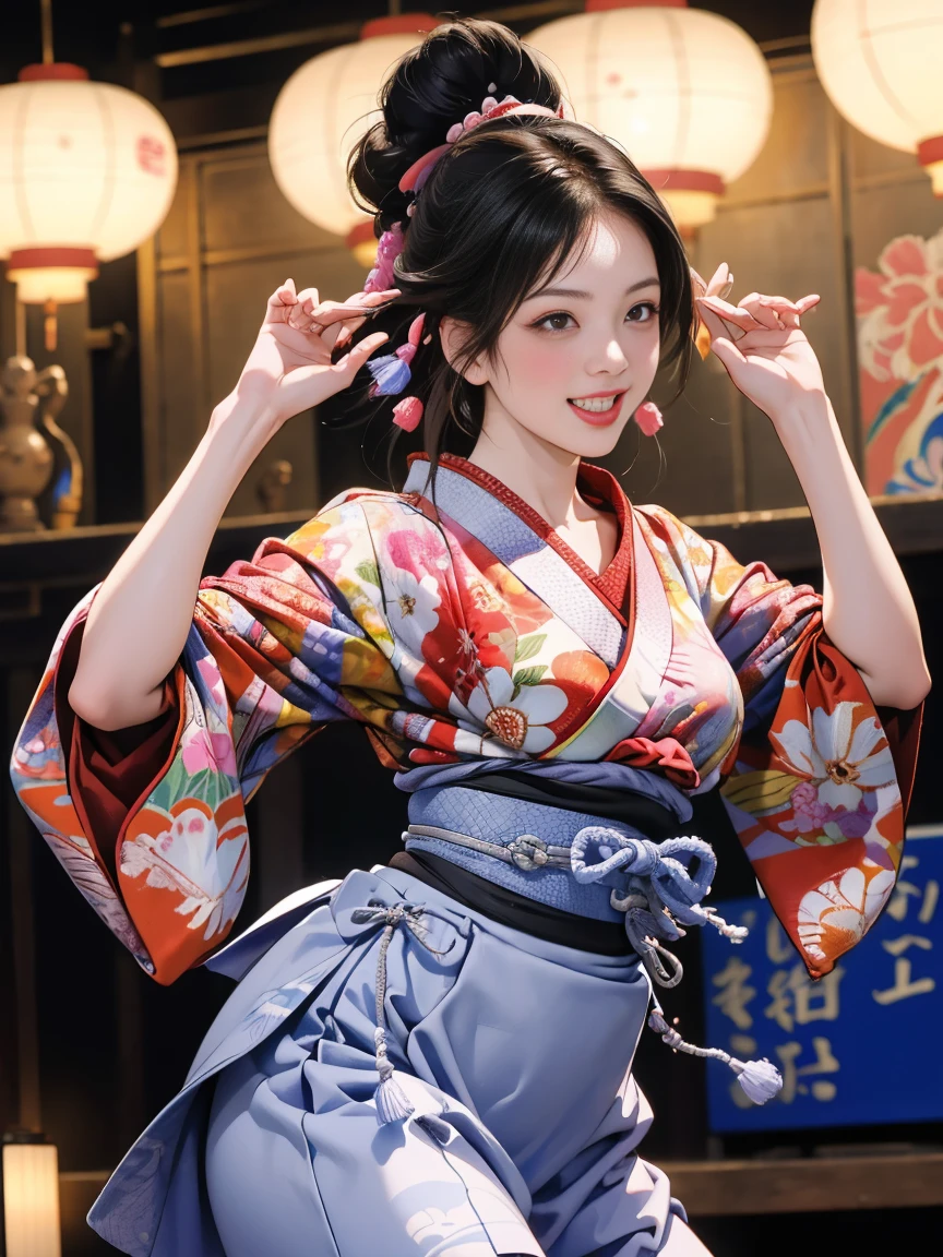 (Japan Bon Odori,最高masterpiece,Highest quality), Hot August,In the park square,(They dance in a circle around a stage decorated with lanterns.),Bright vibrant anime art,People of all ages and genders dance and dance, Dancing in yukata,Laughing and dancing, Showing white teeth,Men and women dance in a circle, masterpiece,Highest quality,High resolution,