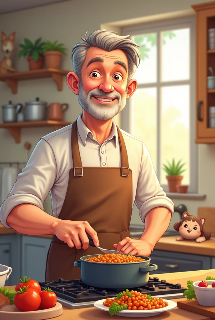 A family man cooks in cartoon form for a logo