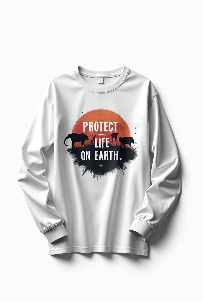 White background long sleeve shirt , and print with message to protect life on Earth, with animals in danger