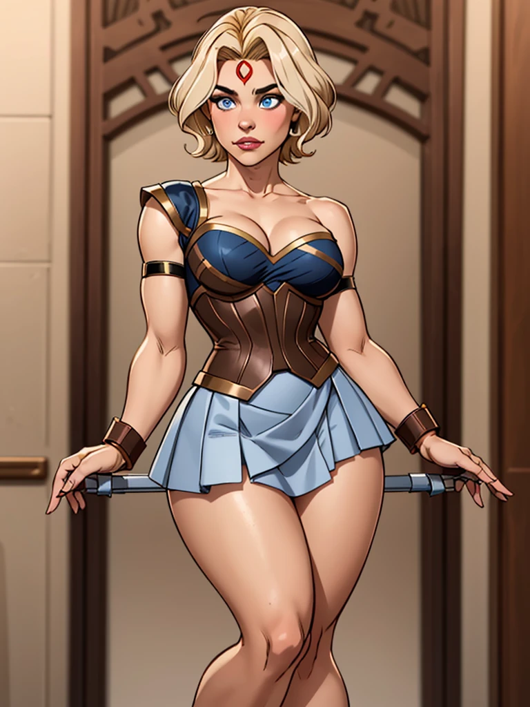 Girl with short blonde hair, blue eyes, Wearing A bodice of armor, a bodice of bronze-colored iron with a silver armband on one side of the shoulder, wearing a brown leather strip skirt, wearing a tiara on her forehead, and thick thighs, defined breasts