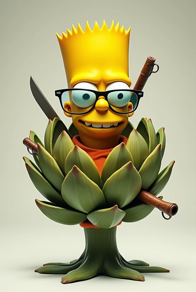 Bart Simpson in the form of an artichoke with transparent Ray Ban glasses and weapons