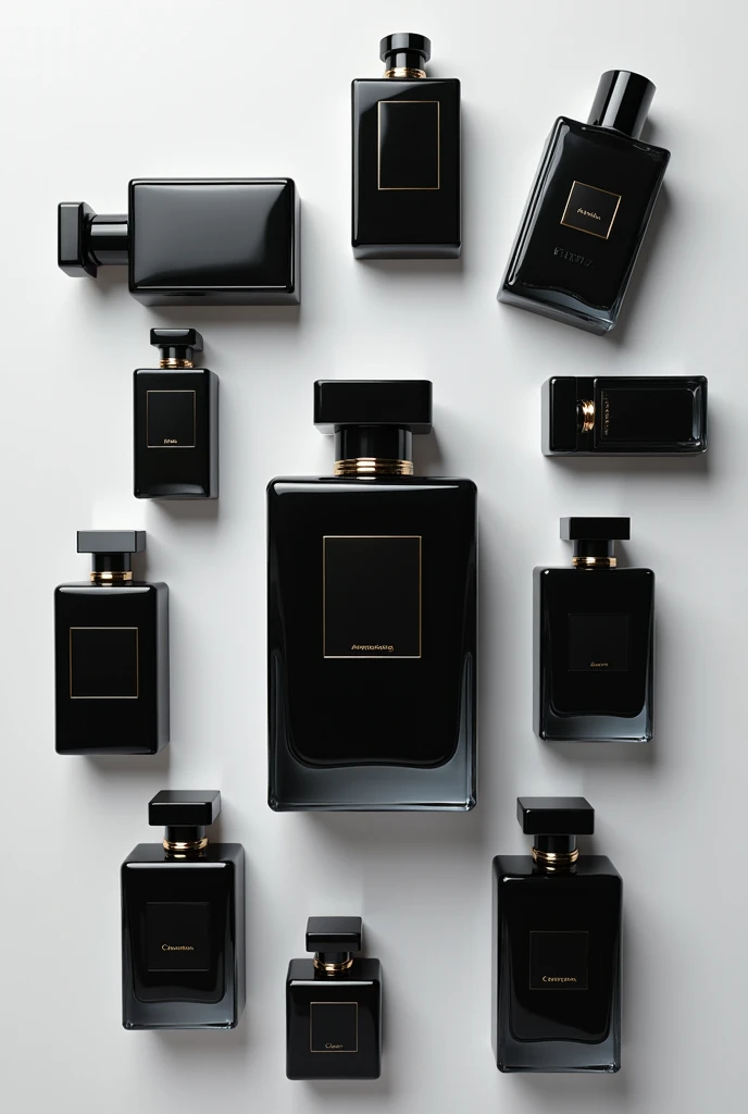 I want 12 seductive BLACK packages, minimalists, but eye-catching perfumes interspersed in png background 