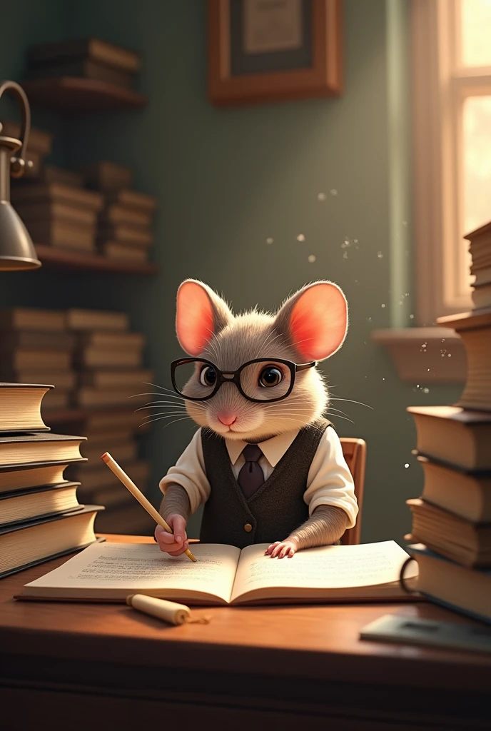 a mouse sitting at a desk and is writing in his notebook
