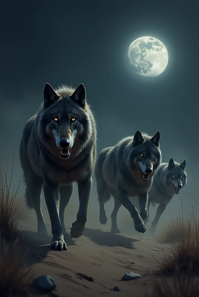 Realistic images of wolves lurking in the surroundings of a desert at night