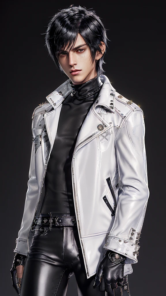 ((Final fantasy taste and reality graphics)), ((Japanese young cute and cool ikemen  boy)), his age is early 20s, thin eyebrows and beady eyes,  ((((he wearing white color and very shining brightly enamel leather thick single-brest motorcycle jacket)))), ((with epaulet)), ((enamel leather jacket close all zippers)),, ,(( jacket collar is very high length stand-up collar with belts)), , (((also wearing black color turtleneck very shining brightly enamel leather shirts))),  (((tight black and very shining brightly enamel leather pants))), ((((very shining brightly black enamel leather tight and thin glove)))), ((black color and vety shining brightly leather knee-high raceup boots)),head-to-toe, whole body, boy looks like fashion model,Do not show skin from the neck down,(((all his clothes are smooth design and very shining))),(((Avoid adding unnecessary decorations to your clothes))),(((all clothes is simple design and appearance)))