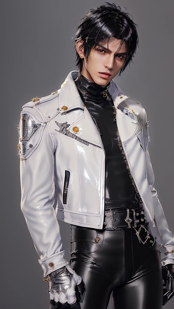 ((Final fantasy taste and reality graphics)), ((Japanese young cute and cool ikemen  boy)), his age is early 20s, thin eyebrows and beady eyes,  ((((he wearing white color and very shining brightly enamel leather thick single-brest motorcycle jacket)))), ((with epaulet)), ((enamel leather jacket close all zippers)),, ,(( jacket collar is very high length stand-up collar with belts)), , (((also wearing black color turtleneck very shining brightly enamel leather shirts))),  (((tight black and very shining brightly enamel leather pants))), ((((very shining brightly black enamel leather tight and thin glove)))), ((black color and vety shining brightly leather knee-high raceup boots)),head-to-toe, whole body, boy looks like fashion model,Do not show skin from the neck down,(((all his clothes are smooth design and very shining))),(((Avoid adding unnecessary decorations to your clothes))),(((all clothes is simple design and appearance)))