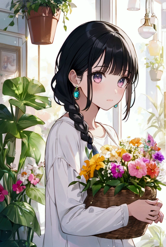 Woman in light-colored casual clothing, holding a basket of flowers in her hands. chic, Soft atmosphere. Soft Light. Cafe with many potted plants and colorful flowers in the background.Shortcuts, bangs, Black Hair, ribbon, Earrings, Side braids, chest, Close your mouth, Shy, Big glitter eyes,