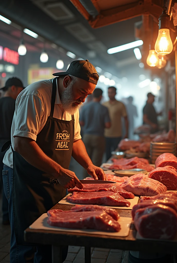 (Photorealism 1.2) 8k high detailed definition cinematic cinematography stocky malay man wearing a backward hat bearded talking to a butcher customer CUTS meat in the market many customers situation in the market morning sunlight wet floor wearing an apron realism banner on back wrote (FRESH MEAT)