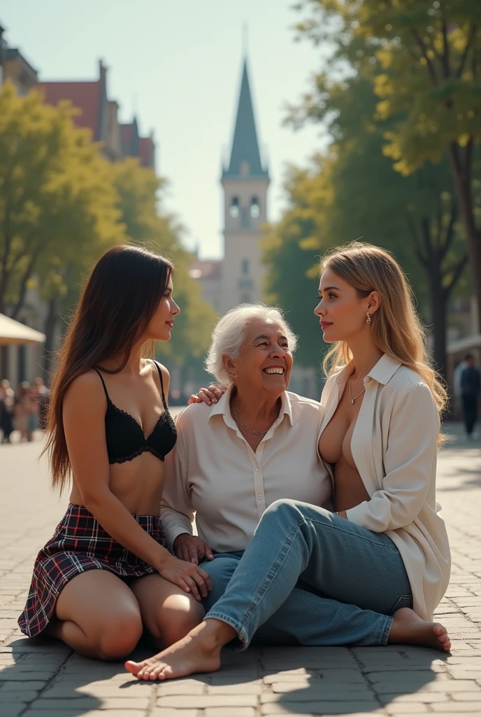 Create a photo with three women sitting in the square: The first is a 30 year old woman, with a slender and beautiful body, wearing a black lace bra and a short plaid skirt, with white and clear skin, with long light brown hair. The second is an elderly woman, 90 years old, with dark black skin, did, obese, lowrise, que está usando camisa branca e jeans e a terceira é uma uma mulher de 20 anos de idade, with a beautiful and slender body, wearing an open white shirt without a bra with bare breasts, jeans, with long blonde hair