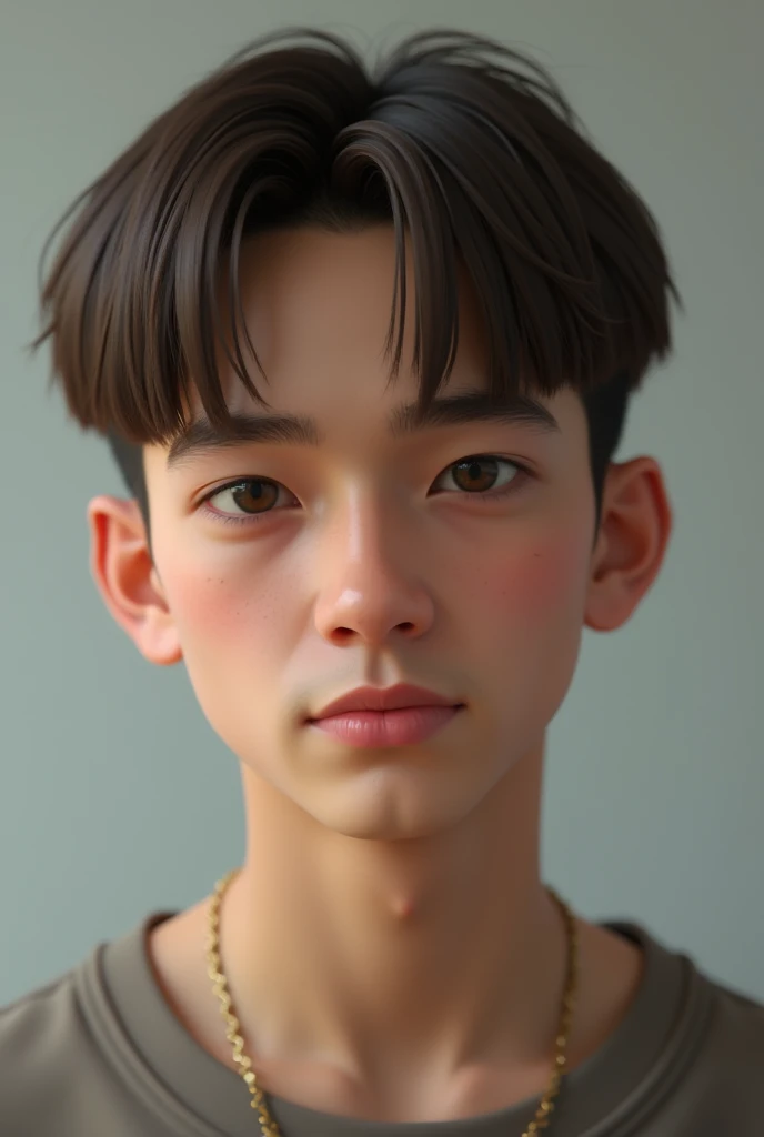 Create a realistic image with the following descriptions: man, Height 1.75m with light complexion, Brown eyes, Brown hair, short and straight and with a crew cut with 19 years young