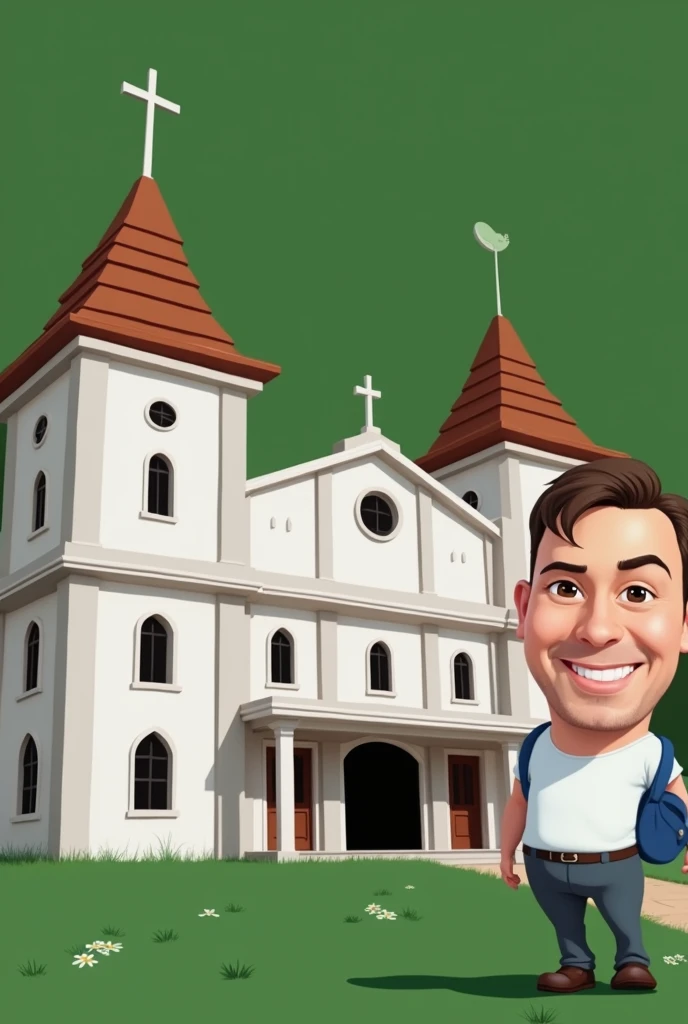 Draw man used in the tip image next to church, disney style image, background with blue sky