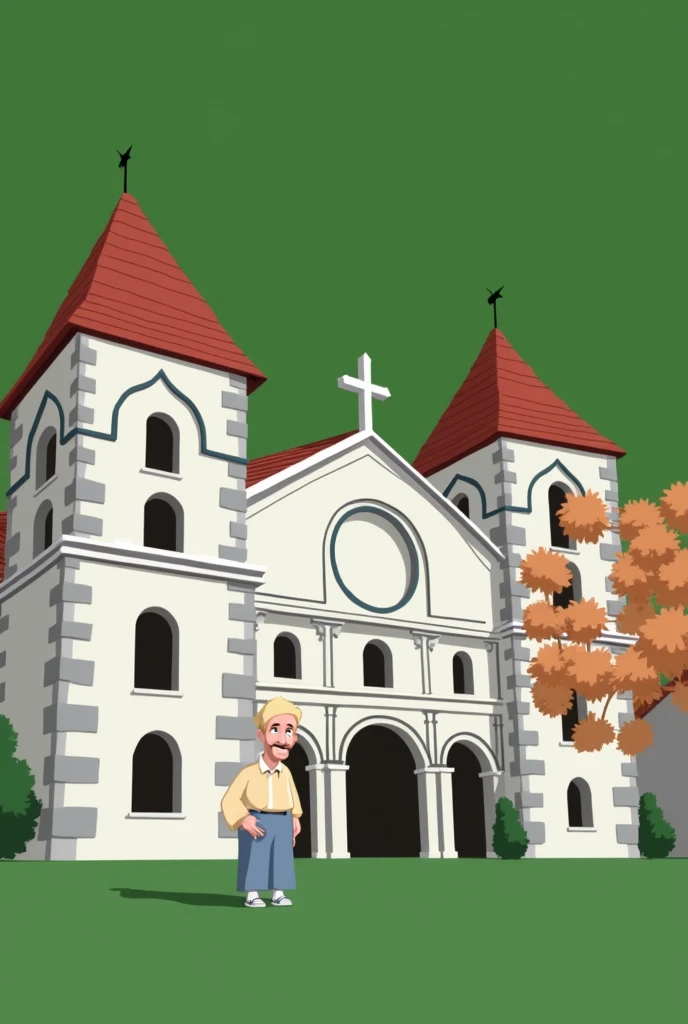 Draw man used in the tip image next to church, disney style image, background with blue sky
