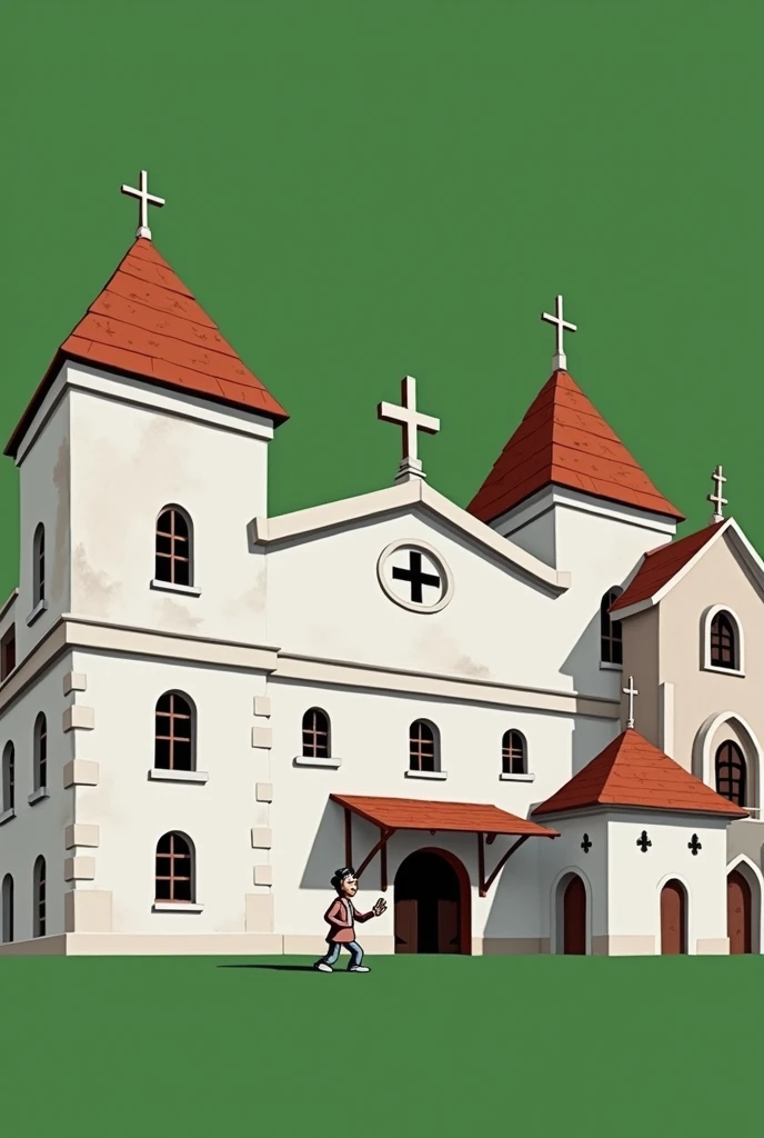 Draw man used in the tip image next to church, disney style image, background with blue sky