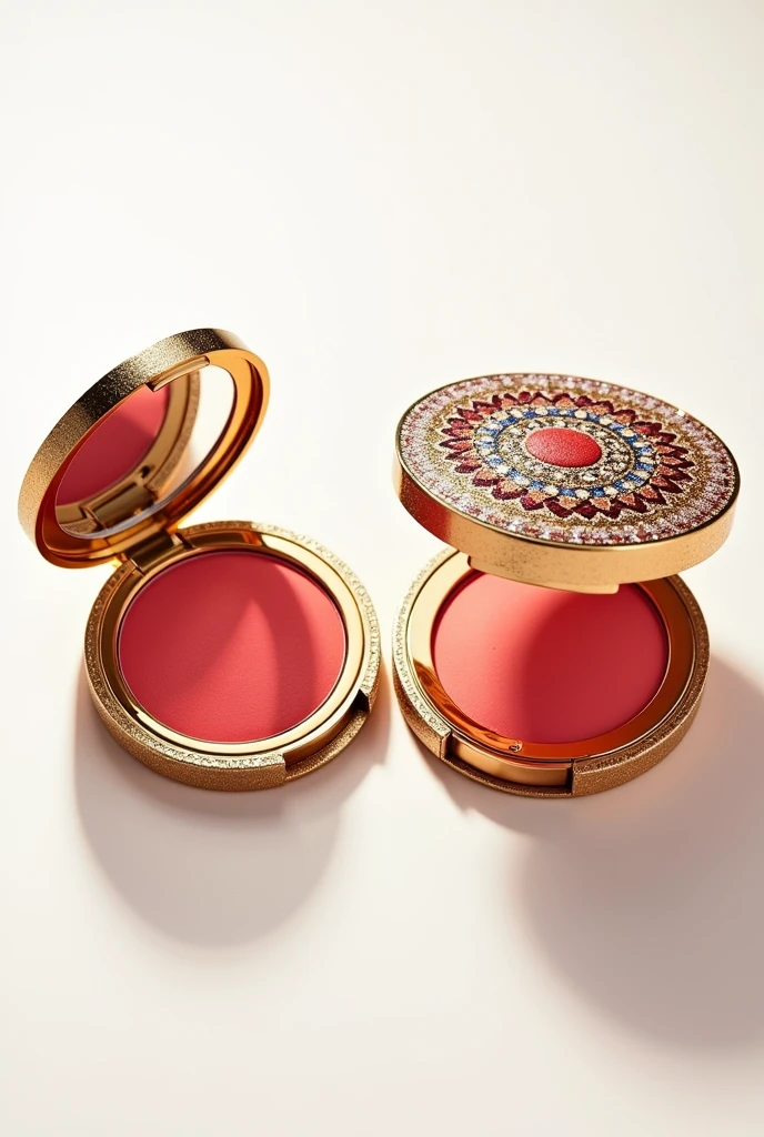 A image with white Background, one open blush and one closed blush, the same product side by side, the packaging is all in gold with a mosaic on top, with red colors, dark blue and gold in this mosaic, the packaging is delicate and rich in details. the color of the blush itself is strong coral pink
