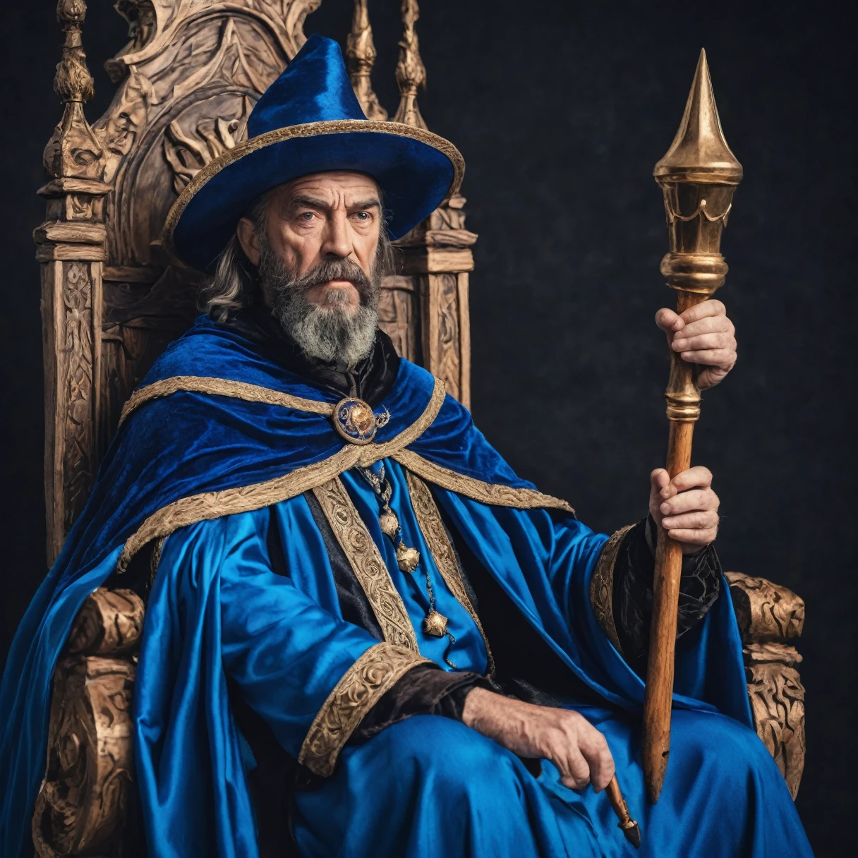close up A man dressed as a sorcerer, with his hat and blue cape, sitting on a spectacular throne, carrying a wooden scepter in his right hand, has an imposing look.