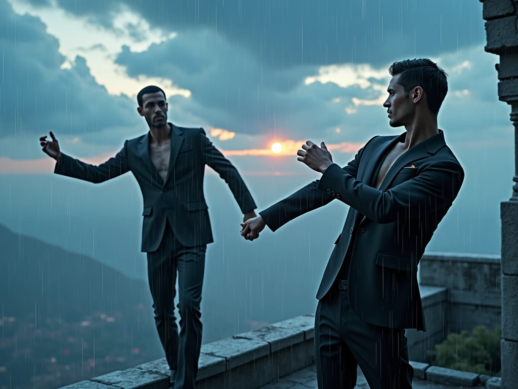 Two handsome skinny men dressed in black, long suits without a shirt, cloudy sky, a sunset, the sun is hiding, dancing beautifully on top of a black castle, water track combined with the sky, falling rain and lightning from afar, 2 men