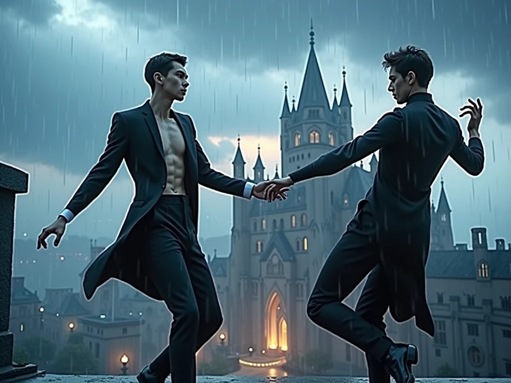 Two handsome skinny men dressed in black, long suits without a shirt, cloudy sky, a sunset, the sun is hiding, dancing beautifully on top of a black castle, water track combined with the sky, falling rain and lightning from afar, 2 men 
