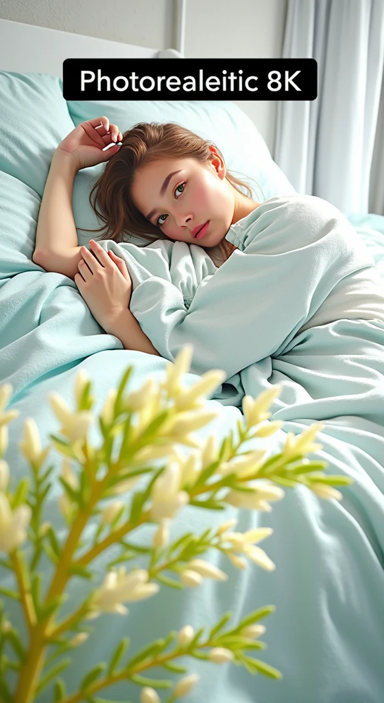 RAW photo, photography, photorealistic, 8k vibrant photograph of woman in bedroom , ultra detail, finely detailed, dramatic light, finely detailed beautiful eyes, detailed skin, depth of field, green eyes eyes