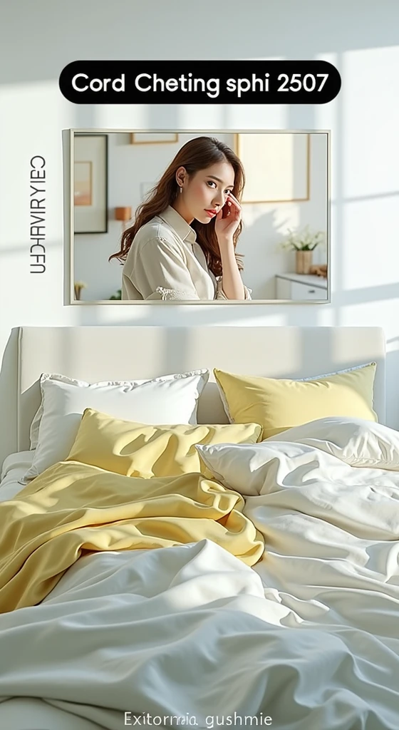 RAW photo, photography, photorealistic, 8k vibrant photograph of woman in bedroom , ultra detail, finely detailed, dramatic light, finely detailed beautiful eyes, detailed skin, depth of field, green eyes eyes