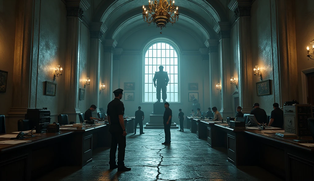 (resident evil 2 remake) active police headquarters, gothic architecture, grand hall, marble columns, ornate arches, extremely massive chandelier, dim lighting, dark ceiling, shadows, silver statue, ancient relics, arched windows, soft light beams, cracked walls, vintage police station, registration desk, police officers, bustling atmosphere, old paintings, vintage posters, cold stone floor, mysterious decor, lively scene, paperwork scattered, modern police equipment, radios, coffee cups on desks