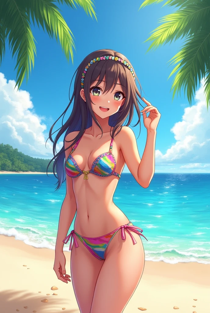 A anime girl on a sunny day at the beach wearing only a bikini.