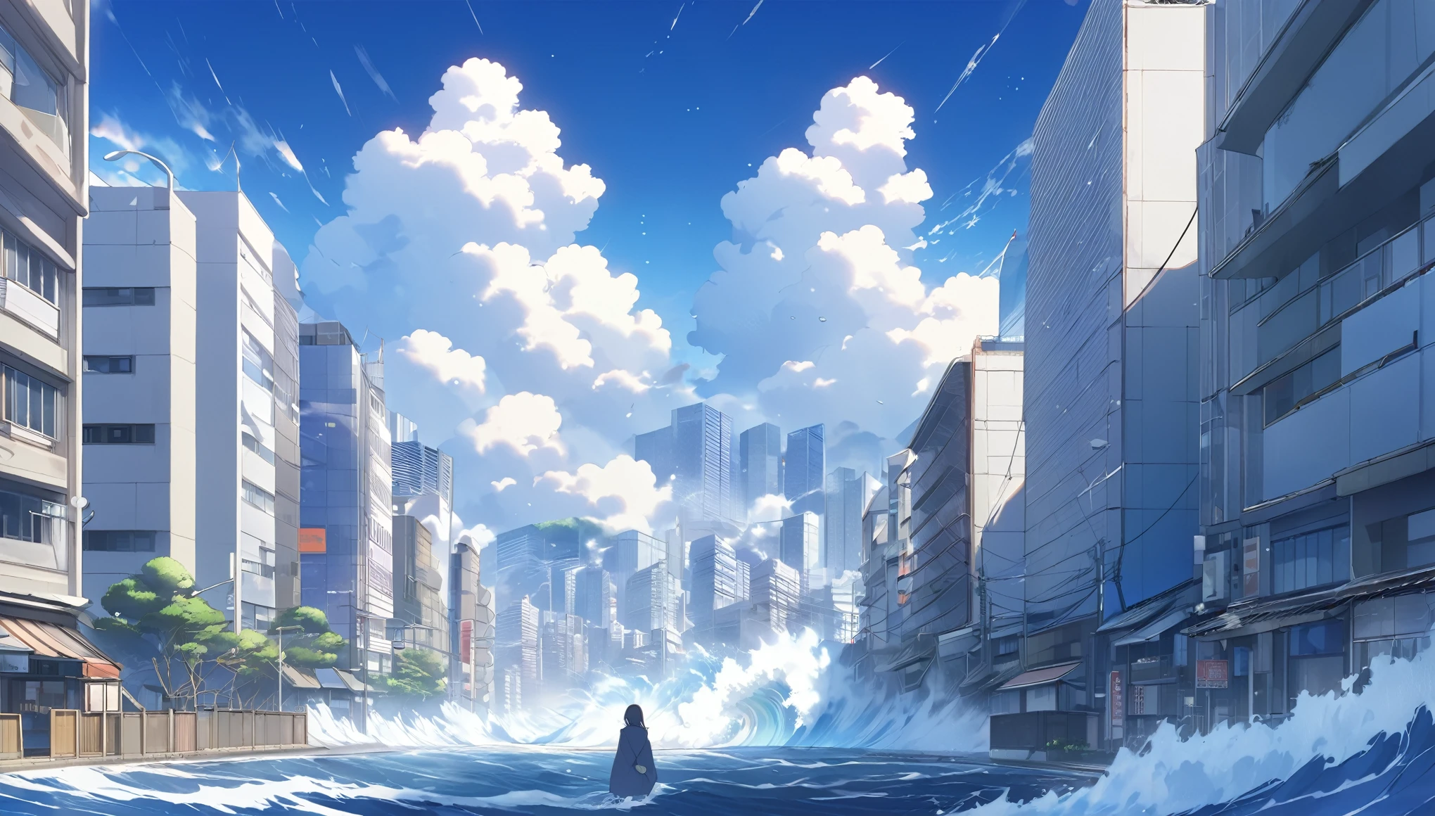 High definition、high resolution、Masterpiece、Tokyo buildings hit by tsunami、City壊滅、blue sky、City、City、Giant tsunami、Buildings、Makoto Shinkai style、