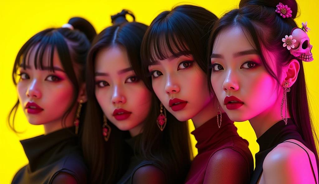 kpop girl group 5 members electronic hip-hop concept two cuties, two dark and one middle ground pose close optical illusion yellow black pink and wine one with short hair flowers and skull