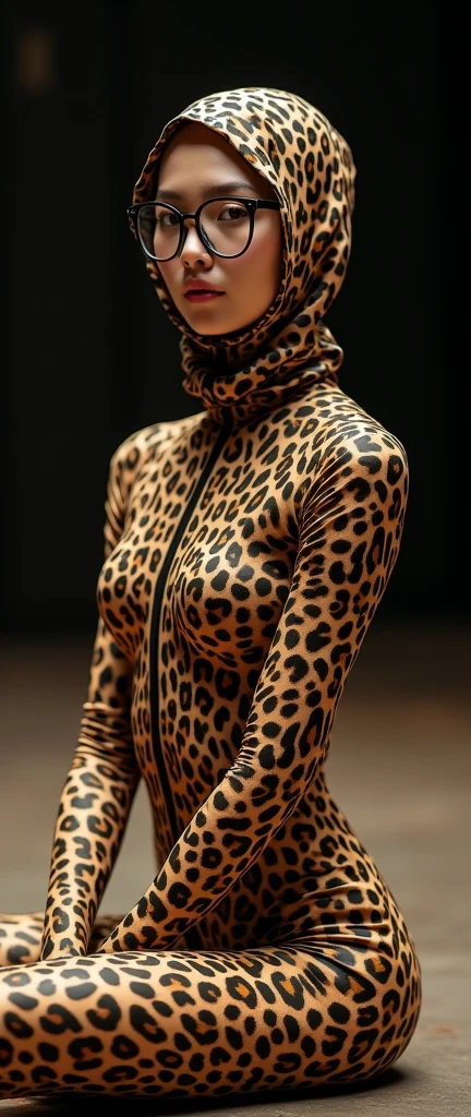 A beautiful and thin chinese contortion girl wearing a pair of glasses wears leopard print lycra turtleneck unitard catsuit.She always wear leopard print lycra dancewear hijab-like costume hood.She is my contortionist.She sits on the circus platform.