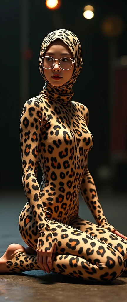 A beautiful and thin chinese contortion girl wearing a pair of glasses wears leopard print lycra turtleneck unitard catsuit.She always wear leopard print lycra dancewear hijab-like costume hood.She is my contortionist.She sits on the circus platform.