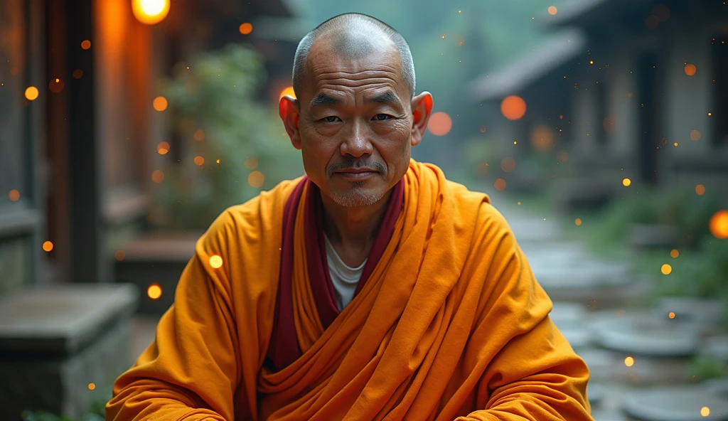 buddhist monk meditating, looking directly at the camera, not at the center, clear facial features, bright colors, particles of light, with bright light, Mushhiv, wallpaper art, UHD wallpapers, vivid atmosphere, near a house ancient village