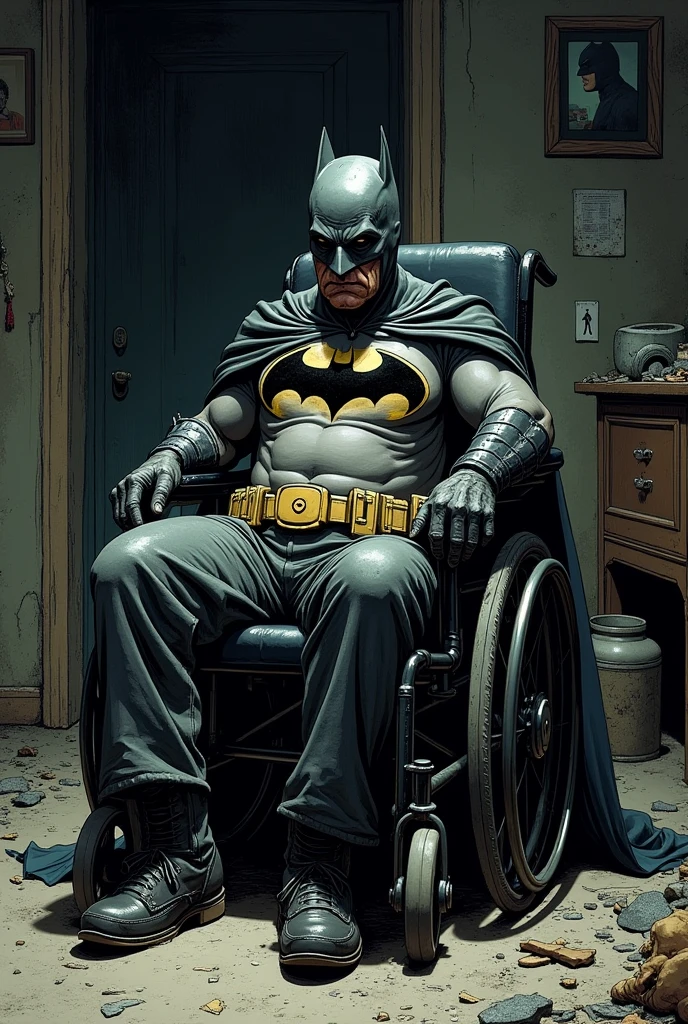 Batman in a wheelchair super old with gray hair and with a torn and neglected Batman costume . Sad and tired face. room background. American style drawing 