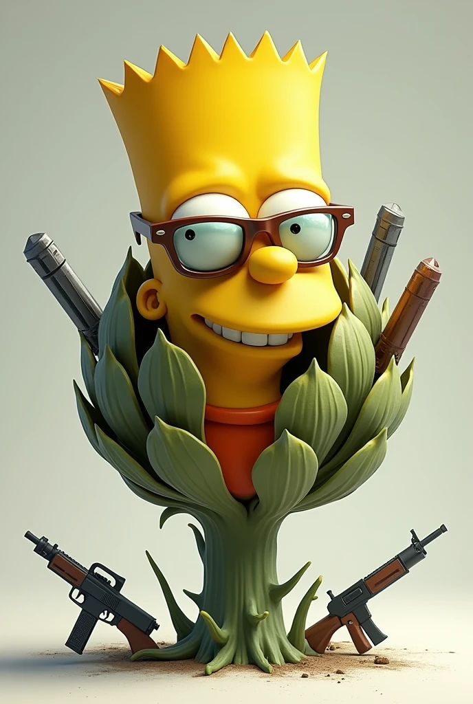 Bart Simpson in the form of an artichoke with transparent Ray Ban glasses and weapons
