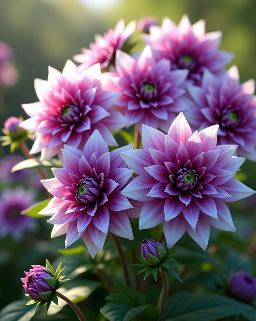 Create a vibrant garden scene featuring a cluster of blooming dahlias with striking purple and white petals. The flowers are in full bloom, with layers of perfectly shaped petals radiating from deep purple centers, gradually transitioning to white at the edges. The plants have lush green leaves, and some flower buds are still closed, hinting at more blooms to come. The garden is bathed in natural light, highlighting the vivid colors of the flowers against a soft, blurred background of foliage