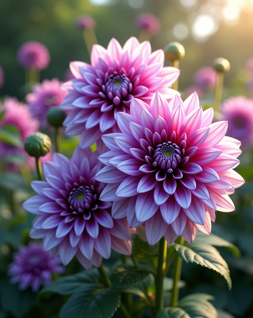 Create a vibrant garden scene featuring a cluster of blooming dahlias with striking purple and white petals. The flowers are in full bloom, with layers of perfectly shaped petals radiating from deep purple centers, gradually transitioning to white at the edges. The plants have lush green leaves, and some flower buds are still closed, hinting at more blooms to come. The garden is bathed in natural light, highlighting the vivid colors of the flowers against a soft, blurred background of foliage
