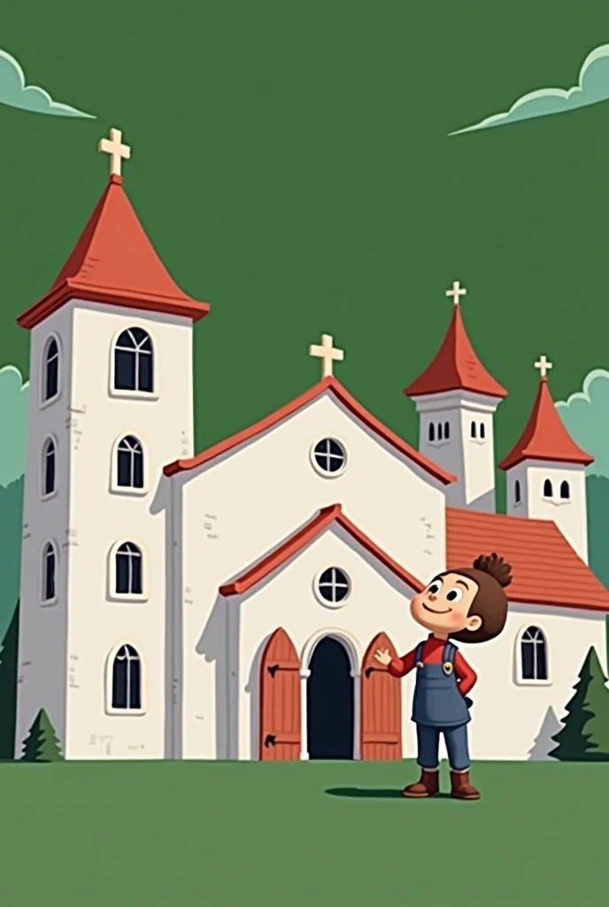 Draw man used in the tip image next to church, disney style image, background with blue sky