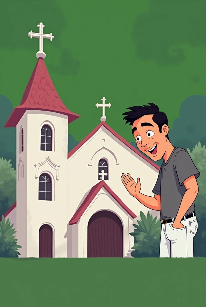 Draw man used in the tip image next to church, disney style image, background with blue sky