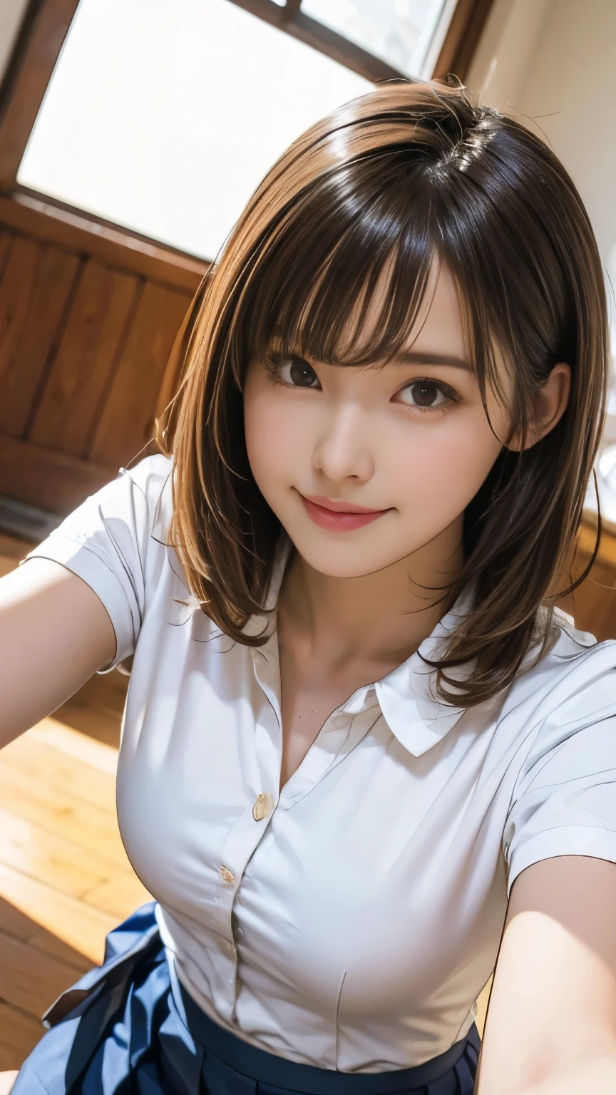 Looking up at the camera from your feet:1.2、Low angle shot:1.2,The most beautiful smile：1.5、best quality, Female high school student:1.5, Medium chest, Pleated Skirt:1.5, Medium-length curly hair, Beautiful light brown hair, White shirt, Expose：1.2,