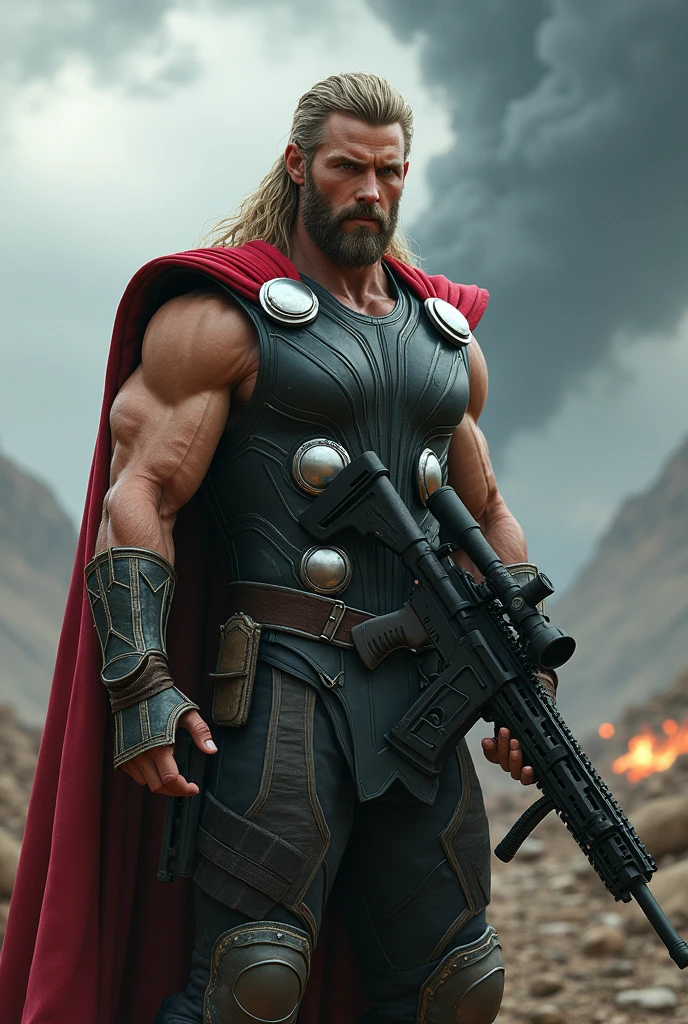 Thor wear miletry colour costume and holding a sniper gun