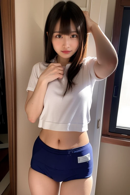 （(Girl student uniform)), White bloussi shirt with collar（open-shirt、protruding areola,）, flat breast, String panties、Classroom corridor, Wet crotch, A smile, (in 8K, Raw photography, top-quality, ​masterpiece: 1.2), ​masterpiece, The ultra-detailliert, 超A high resolution, (Realistic and realistic photos: 1.37), high-definition RAW color photography, extremely delicate and beautiful, ighly detailed, 8K Wallpapers, astonishing, detaileds, extremely detailed eye, highlydetailed skin, extremely detailed fingers, highly detailed nose, highly detail mouth, perfect anatomia,full body Esbian, a wet body,, Sheer feeling、Transparency（Nipple head visible on the shirt）、Extremely small size V-string panties（pubic hair sticks out）、front facing