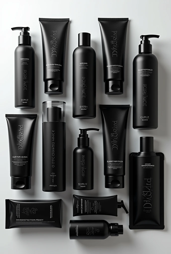 I want 12 seductive BLACK packages, minimalists, but eye-catching body splashes interspersed as if it were an advertisement on a png background