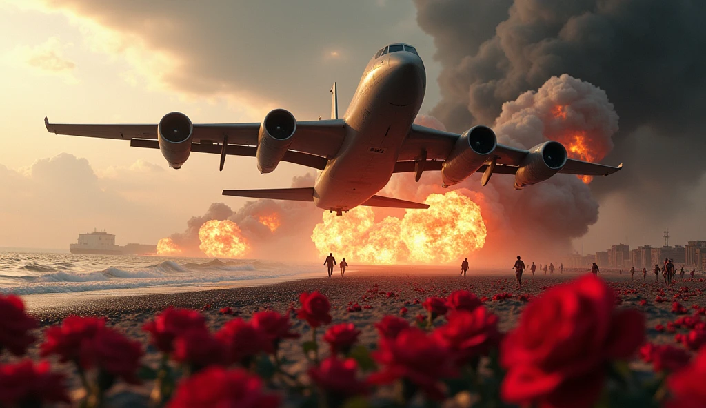 war scene, warplane invading a beach, big explosions, roses flowers on the ground, people fleeing in the background, cinematic, dramatic lighting, dark color palette, photorealistic, highly detailed, 8k, masterpiece, professional, ultra-detailed, physically-based rendering, extremely detailed description