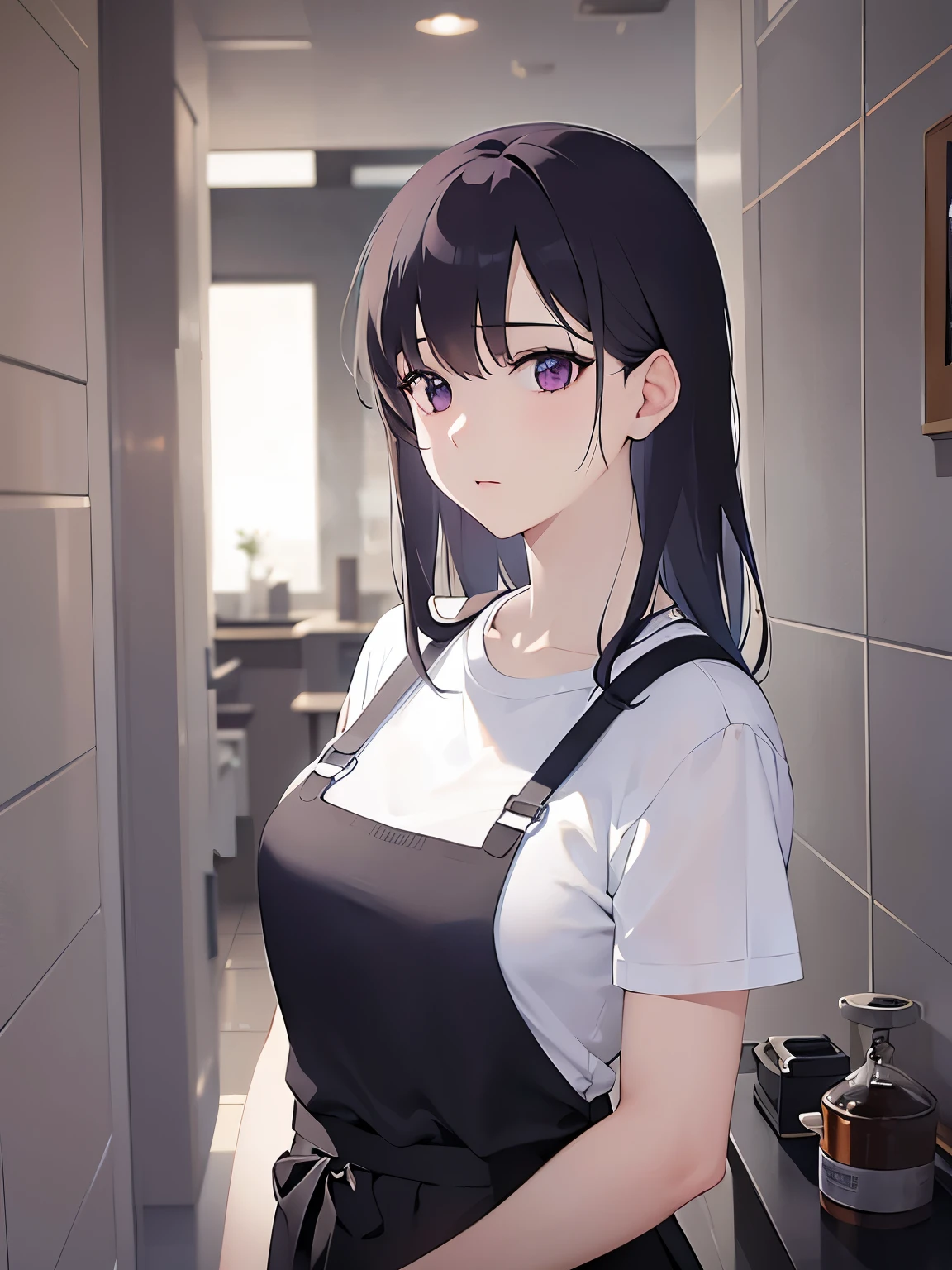 Realistic,real person,(pale skin: 1.2),RAW photo,photorealistic,BREAK(White T-shirt)and(apron:1.3)BREAK,shiny skin,shiny hair,-old woman with straight hair and bangs)and(medium hair)and(black hair)and(purple eyes),(worried),The background is a company corridor,alone