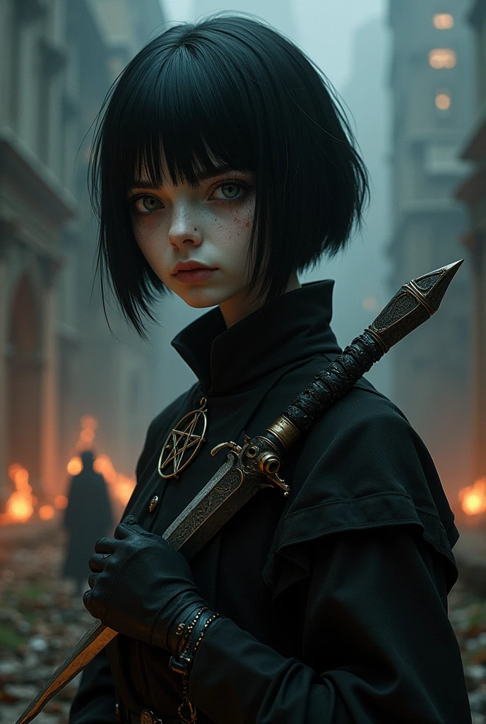 A pale girl with short black hair, from the middle ages 3D, realisitic, Arcane style, with light eyes dark alchemist clothes with a prosthesis on his left arm, steampunk with pentagram, cut on the face,  look of suffering and hate, dagger, the night, with a religious group with fire behind.