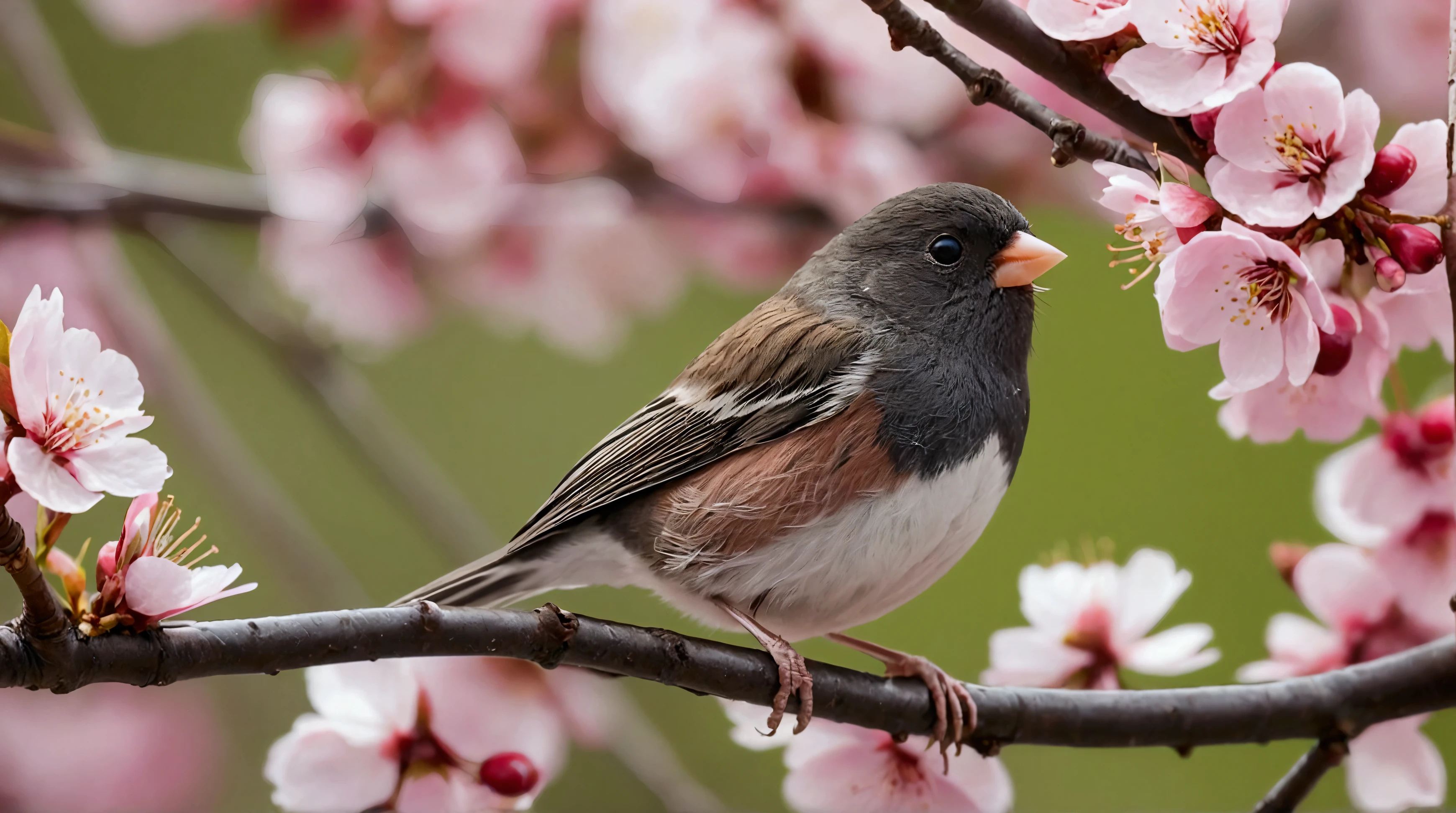 Ultra-high-definition 8K close-up photo of a Dark-eyed Junco perched gracefully on a cherry blossom branch. The bird is in a beautiful pose, surrounded by vibrant pink cherry blossoms in full bloom, with fresh green leaves just beginning to emerge.