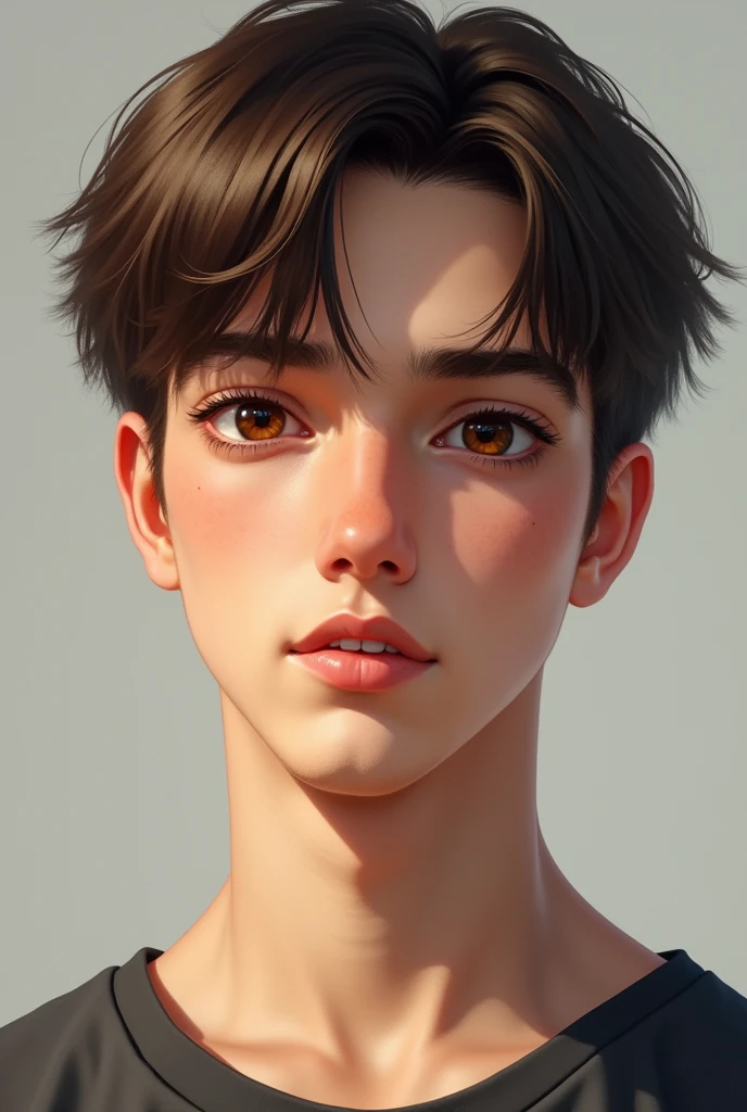Create a realistic image with the following descriptions: man, Height 1.75m with light complexion, Brown eyes, Brown hair, short and straight and with a crew cut with 19 years young but not so young