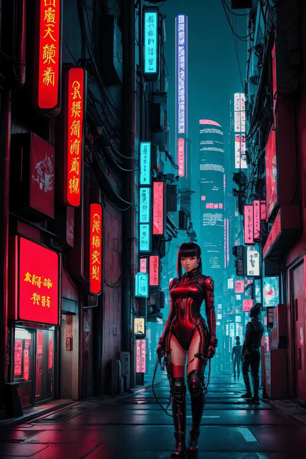 cyberpunk book cover. cybernetic chinese sexy girl wearing red cheonsam in japan future city street