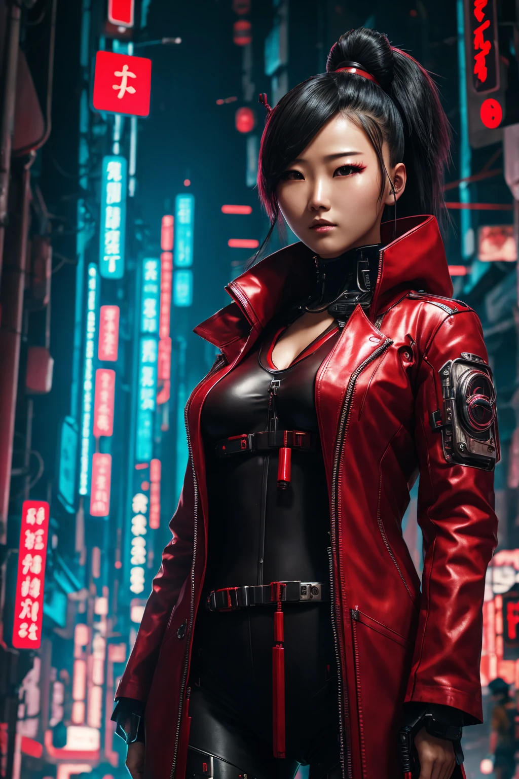 cyberpunk book cover. cybernetic chinese sexy girl wearing red cheonsam in japan future city street
